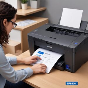 An illustration of a user downloading a printer driver on a laptop, with an Epson L3210 printer connected via USB, showing a successful installation icon. The style should be modern and friendly, like a casual tech guide.