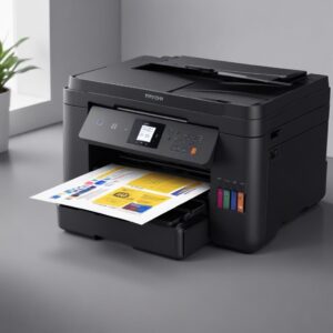 An illustration of an Epson EcoTank L14150 printer, showing its ink tanks and ability to print A3 paper. The image should be clean and highlight its multifunctionality.
