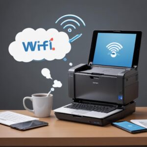 An illustration of an Epson L3210 printer connected to a laptop via USB, with a thought bubble above it showing a smartphone and Wi-Fi symbol, representing the user's desire for wireless connectivity.