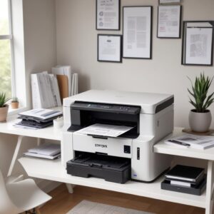An illustration of an Epson L3210 printer in a clean, modern home office setup, showing documents being printed, scanned, and copied. The overall vibe is efficient and productive.