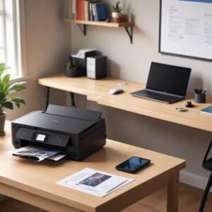 An illustration of an Epson L3210 printer connected to a small Wi-Fi dongle, with wireless signals extending to a laptop and a smartphone. The background is a tidy home office.