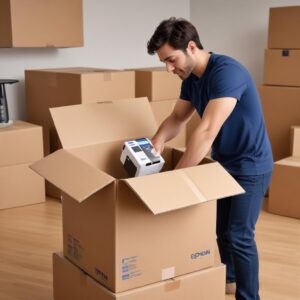 An illustration of an Epson L3210 printer being unboxed, showing a person gently lifting it from the cardboard box. The image should convey a sense of excitement and readiness to set up.