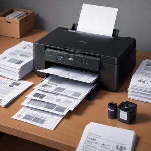 An illustration of an Epson L3210 printer with its ink tanks clearly visible, showing ink levels. A stack of printed documents is next to it, symbolizing high yield.