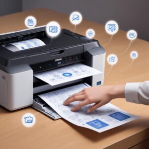 An illustration of an Epson L3210 printer with a prominent blinking light on its control panel, surrounded by user-friendly icons. The scene should convey a sense of a common user problem, with a hint of a solution in the background (maybe a hand reaching to check paper).