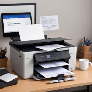 An illustration of an Epson L3210 printer with flashing error lights, connected to a laptop showing a