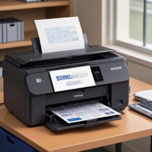 An illustration of an Epson L3210 printer with flashing error lights, connected to a computer displaying a