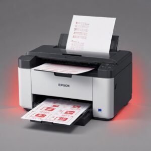 An illustration of an Epson L3210 printer with multiple indicator lights (power, ink, paper) blinking simultaneously in red, causing a user to look puzzled or frustrated.