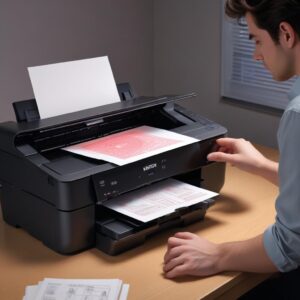 An illustration of an Epson L3210 printer with a blinking red light, indicating an error state. The printer is on a desk with a frustrated user looking at it.