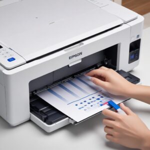An illustration of an Epson L3210 printer with a user pressing the
