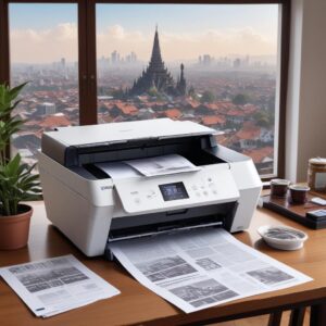 An illustration of the Epson L3210 printer with a user happily printing documents in a home office setting. The background shows a Yogyakarta cityscape with famous landmarks like the Tugu Pal Putih.