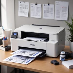 An illustration of the Epson L3210 printer, compact and modern, with its ink tanks clearly visible, surrounded by stacks of paper and bottles of ink. The background is a clean, bright office desk.