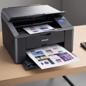 An illustration of the Epson L3210 printer from a slight angle, showing its compact design and the visible EcoTank ink tanks on the side. The image should convey a sense of efficiency and modernity.