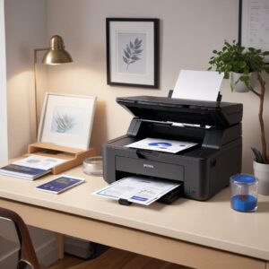 An illustration of the Epson L3210 printer with its EcoTank refillable ink system, highlighting its compact design on a desk in a home office setting.