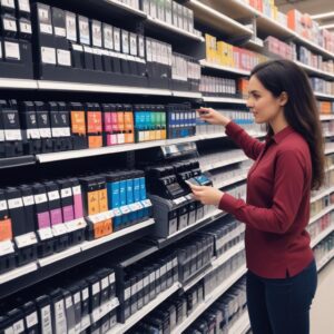 An illustration of various toner cartridges for HP and Canon printers neatly arranged on a store shelf, with a person pointing to one specific cartridge, emphasizing quick and easy selection.