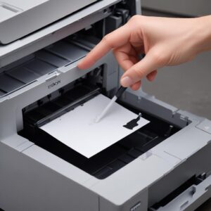 An illustration or photo of a hand pointing to the waste ink pad area inside an opened Epson L3210 printer, with a small puddle of ink visible on the pad, symbolizing it being full.