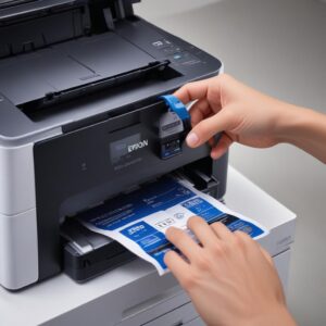 An illustration or photo showing a hand easily refilling the ink tank of an Epson Ecotank printer with a spill-free ink bottle, emphasizing the ease of use and cost-effectiveness.