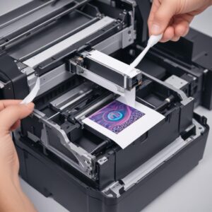 An illustration or photo showing the internal print head assembly of an inkjet printer, with a soft cloth or tissue carefully wiping the nozzle area.