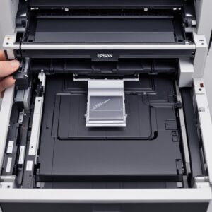 An illustration or photo showing the internal mechanism of an Epson printer, with a focus on where the
