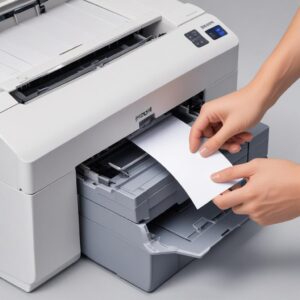 An illustration showing a hand carefully removing a piece of jammed paper from the interior of an Epson printer, with tools like tweezers nearby.