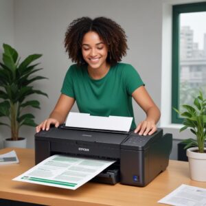 An illustration showing a happy person successfully printing documents after resetting their Epson L3210 printer, with the printer lights now stable and green, symbolizing success and relief.