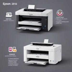 An illustration showing a side-by-side comparison of Epson L3210 and Canon G2020 printers, highlighting their key features with small icons (e.g., Wi-Fi icon for Canon, document icon for Epson). The background should be clean and modern.