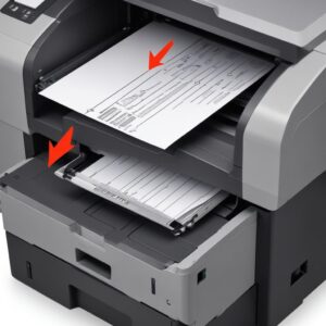 An illustration showing common paper jam locations inside a printer, with arrows indicating how to gently remove stuck paper.