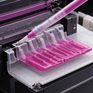 An illustration showing the internal ink tubes of an Epson L3210 printer, highlighting air bubbles trapped in the magenta ink line, with a small syringe icon nearby to suggest cleaning.