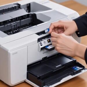 An illustrative image showing a person easily refilling the ink tanks of an Epson L3210 printer using the'key slot' system, emphasizing no spills and ease of use. The hands are clearly shown handling the ink bottles and tanks.