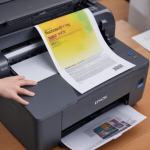 An image depicting a perfectly printed document coming out of an Epson L3210 printer, with vibrant colors and sharp text, signifying the successful resolution of the