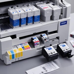 An image depicting various Epson printer consumables like ink bottles, alongside a clean Epson L3210 printer, suggesting good maintenance and use of original products.