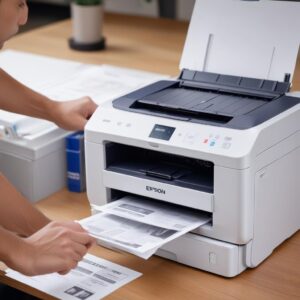 An image of a clean, well-maintained Epson printer successfully printing a document, with a satisfied user in the background.