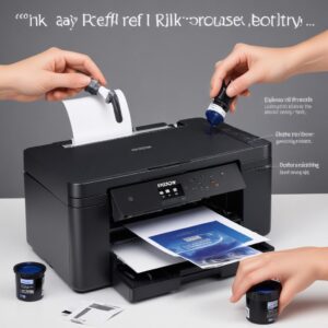 An infographic or diagram illustrating the easy, spill-free ink refill process of the Epson L3210, with hands pouring ink from a bottle into the printer's tank.