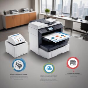 An infographic-style image showing three types of printers (laser, inkjet, MFP) with icons representing their main benefits (speed, color quality, versatility), within an office setting.