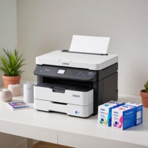 An inviting, bright image showing two Epson EcoTank printers side-by-side, one clearly an L360 (older design with side tank) and the other an L3210 (newer, integrated front tank). Both printers are clean and modern, perhaps with a stack of fresh paper and a few colorful ink bottles nearby. Focus on highlighting their design differences.