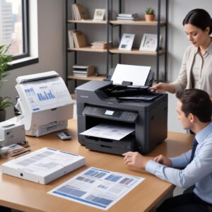 An office desk scene with various Epson printers (EcoTank L6270, M1120, SureColor SC-T3130M), different types of durable documents (charts, photos, text), and a person confidently pointing at a printed document, symbolizing smart printer choice.