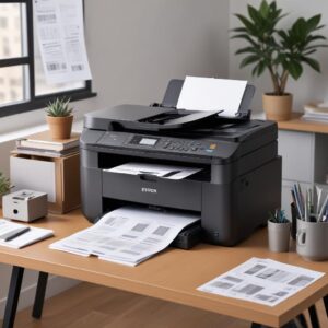 An office desk setup featuring the Epson L3210 printer alongside a laptop, showing printed documents and a neatly organized workspace. The printer is actively printing or scanning, emphasizing its multi-functionality.