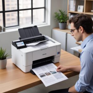 An office desk with an Epson L3210 printer successfully printing a document, a laptop nearby displaying a