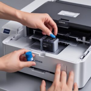 An open ink tank of an Epson L3210 printer, showing the ink levels clearly, with a hand holding an original Epson ink bottle ready for refilling.