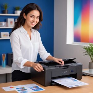 An optimistic and professional image of a user happily printing documents from an Epson L3210, with vibrant colors in the background. The user looks satisfied, implying the ease of use and quality output. Could include a desk setup with relevant office items.