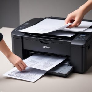 An optimistic image of a hand pressing a print button on an Epson L3210 printer, with a stack of perfectly printed documents beside it, symbolizing efficient and successful printing.