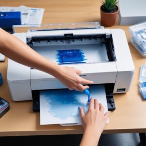 An overhead shot of an Epson EcoTank L3210 printer with its transparent ink tanks clearly visible, positioned on a clean, modern desk. A hand is gently pouring blue ink into the tank. The background is softly blurred, showing office supplies.