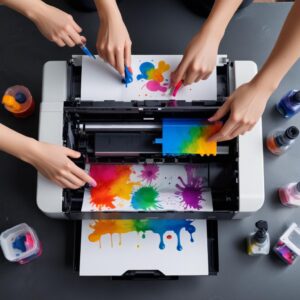 An overhead shot of an Epson L3210 printer with its ink tanks clearly visible, being filled with colorful ink bottles. The scene should be bright and clean, showing hands carefully pouring ink without spilling.