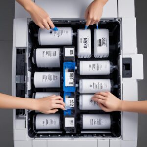 An overhead shot of the ink tank section of an Epson L3210 printer, showing the ink bottles being carefully refilled into the tanks. Emphasize correct procedure and no air bubbles.