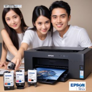 Beberapa botol tinta original Epson 003 diletakkan di samping Printer Epson L3210, dengan seorang tangan sedang membersihkan bagian luar printer menggunakan kain mikrofiber.