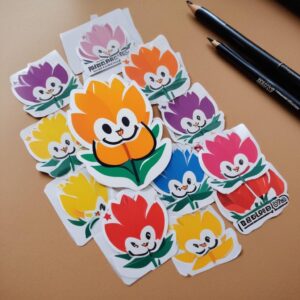 Beberapa contoh stiker vinyl yang sudah dicetak dengan desain berbeda-beda (logo, ilustrasi, tulisan), diletakkan rapi di atas meja. Beberapa stiker menunjukkan efek glossy dan doff, menonjolkan kualitas cetak yang tajam.
