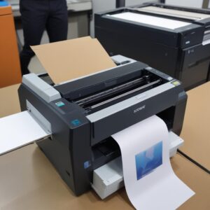 Berbagai alat pembersih printer seperti kaleng udara bertekanan, kuas kecil, dan kain mikrofiber tersusun rapi di samping printer laser yang bersih.