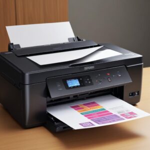 Berbagai jenis kertas printer (glossy, matte, HVS) diletakkan di samping printer Epson yang sedang mencetak dokumen dengan kualitas tinggi.