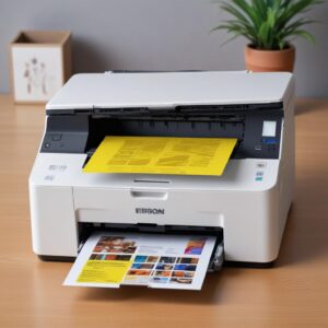 Cetakan foto warna-warni yang cerah dan berkualitas tinggi keluar dari printer Epson L3210, dengan fokus pada warna kuning yang jelas dan tajam.