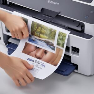 Close-up cetakan dokumen yang sangat jernih dan tajam, serta sebuah foto berwarna yang cerah dan detail, keluar dari printer Epson EcoTank L3210.