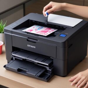 Close-up gambar Printer Epson L3210 Ink Tank dengan botol tinta original sedang diisi, menunjukkan kemudahan pengisian.